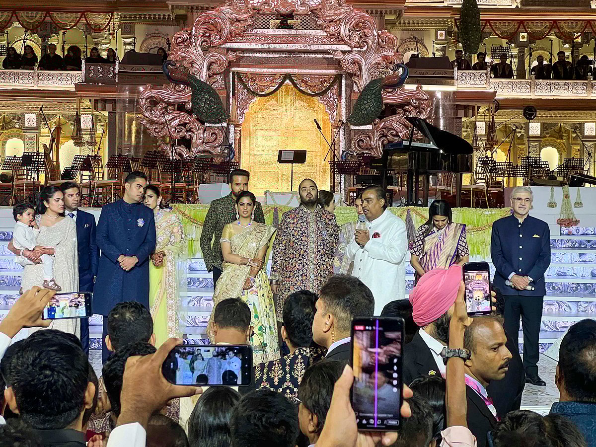 PTI : Reliance industries Chairman Mukesh Ambani speaks during the second day of Anant Ambani and Radhika Merchant's wedding reception in Mumbai 